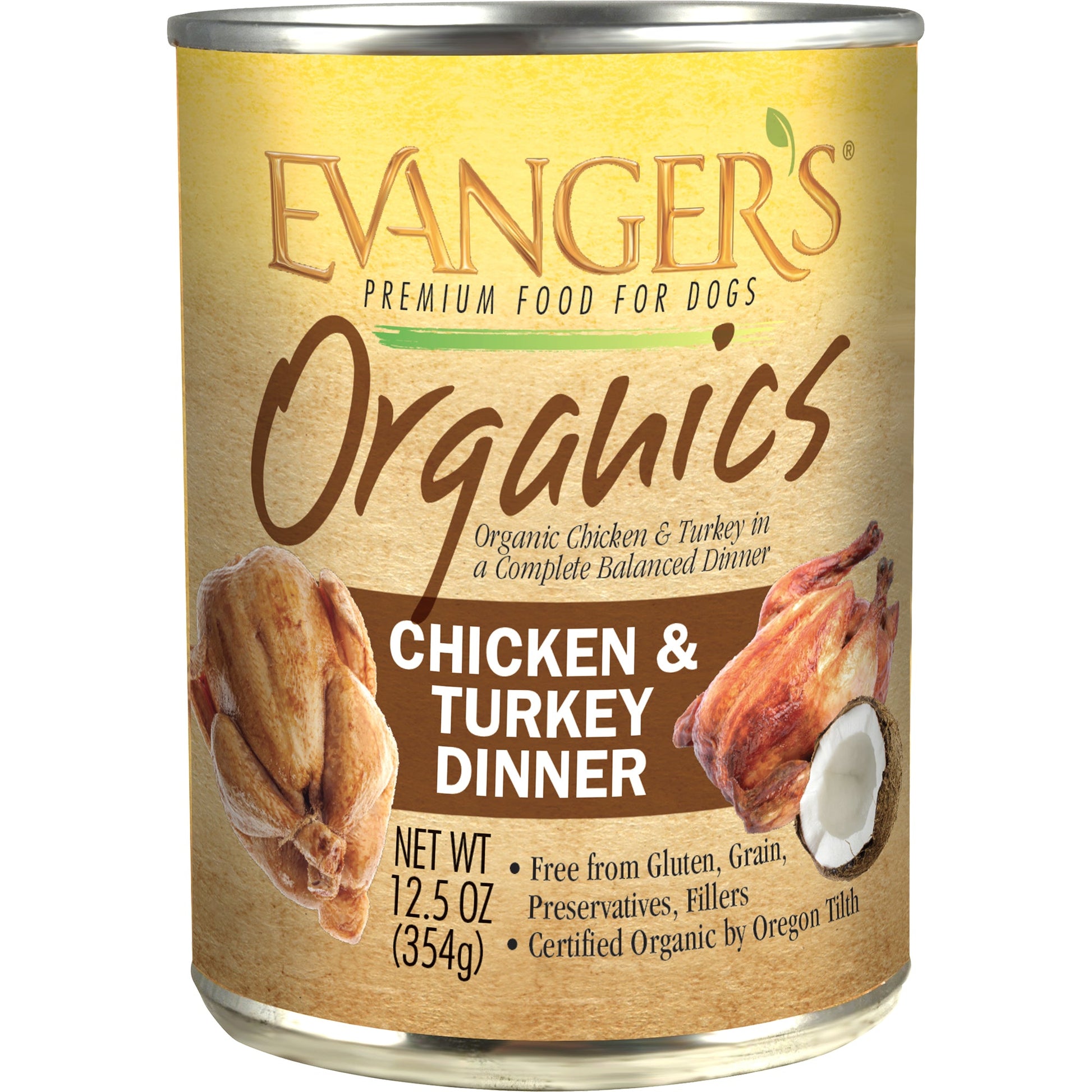 12.5 ounce can of Evanger's Organic Chicken & Turkey Dinner wet dog food