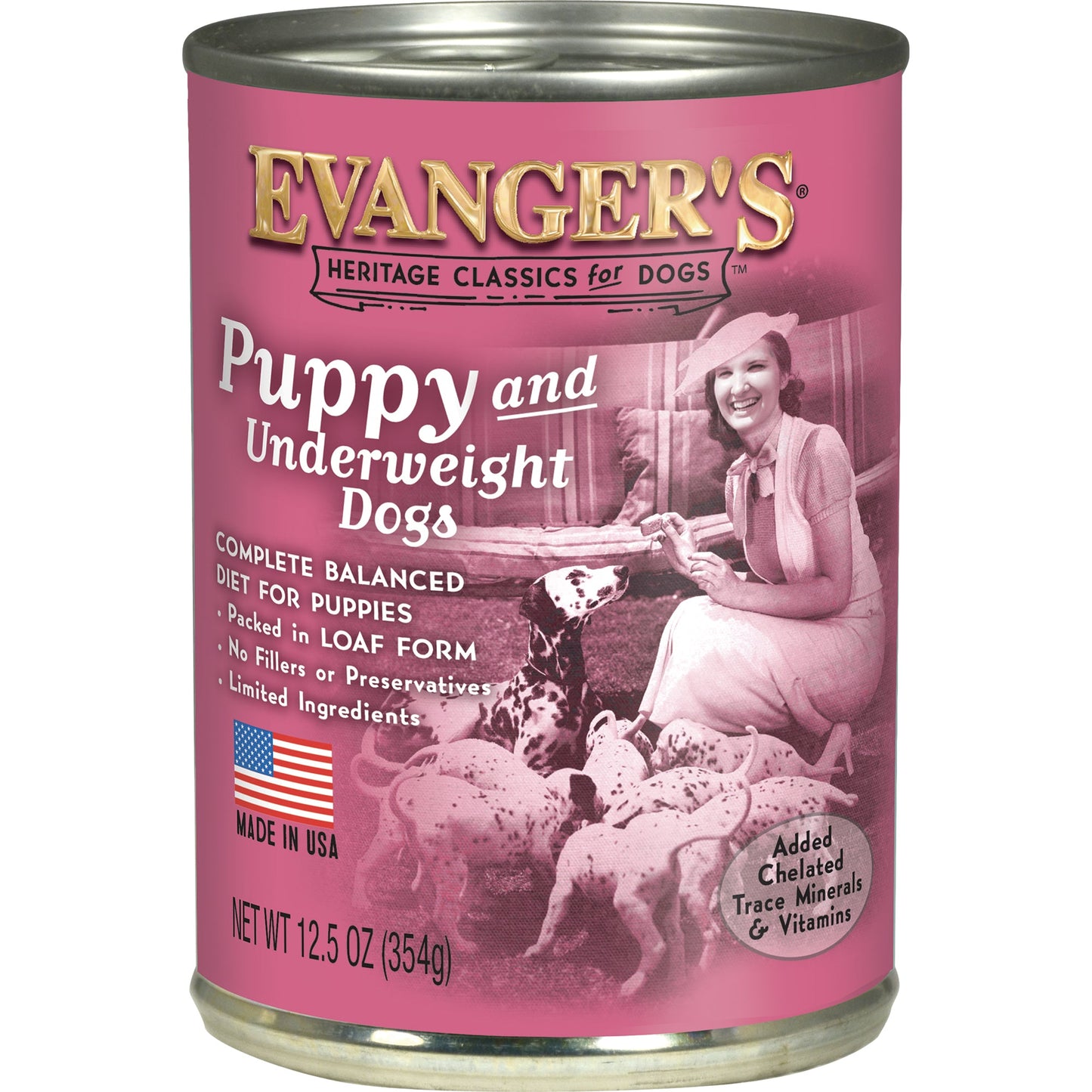 12.5 ounce can of Evanger's Classic Puppy Chicken & Beef wet dog food