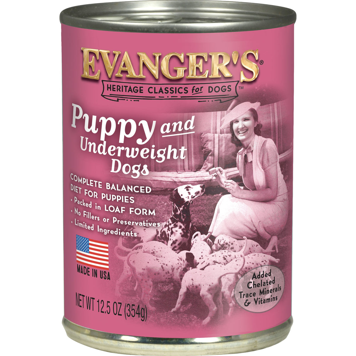 12.5 ounce can of Evanger's Classic Puppy Chicken & Beef wet dog food