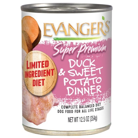 12.5 ounce can of Evanger's Super Premium Duck & Sweet Potato Dinner wet dog food