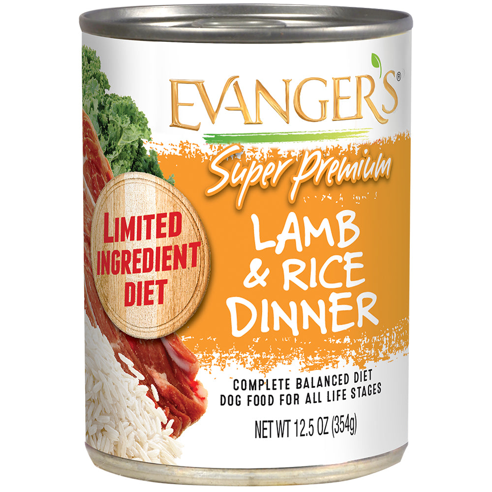 12.5 ounce can of Evanger's Super Premium Lamb & Rice Dinner wet dog food