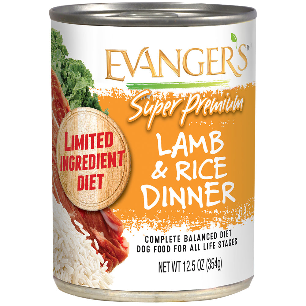 12.5 ounce can of Evanger's Super Premium Lamb & Rice Dinner wet dog food