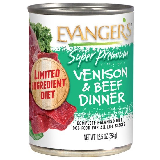 12.5 ounce can of Evanger's Super Premium Venison & Beef Dinner wet dog food