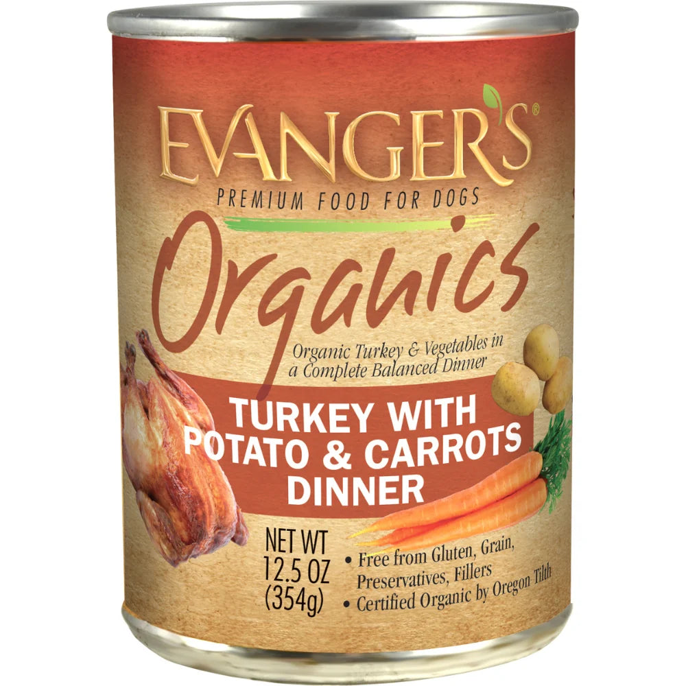 12.5 ounce can of Evanger's Organic Turkey with Potato & Carrot Dinner wet dog food