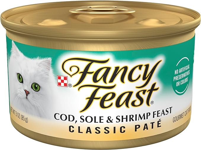 Can of Fancy Feast Cod, Sole & Shrimp wet cat food, 3oz