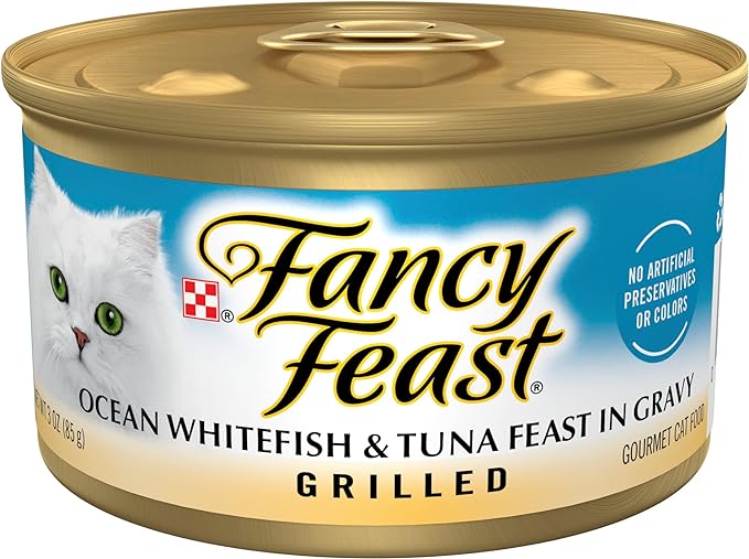 Can of Fancy Feast Grilled Ocean Whitefish & Tuna wet cat food, 3oz