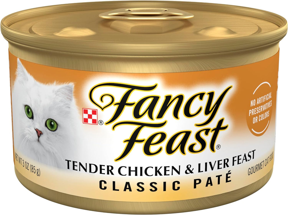 Can of Fancy Feast Chicken & Liver Pate wet cat food, 3oz