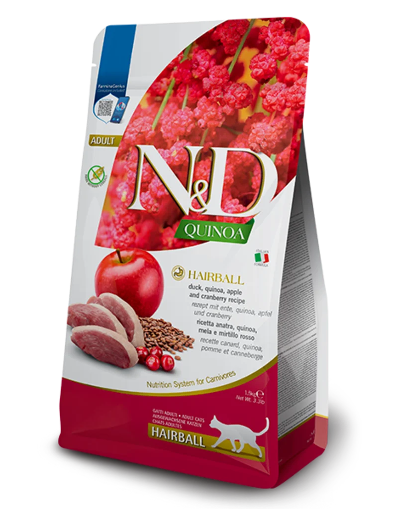 Farmina N&D Quinoa Hairball Duck dry cat food bag, 3.3 lb