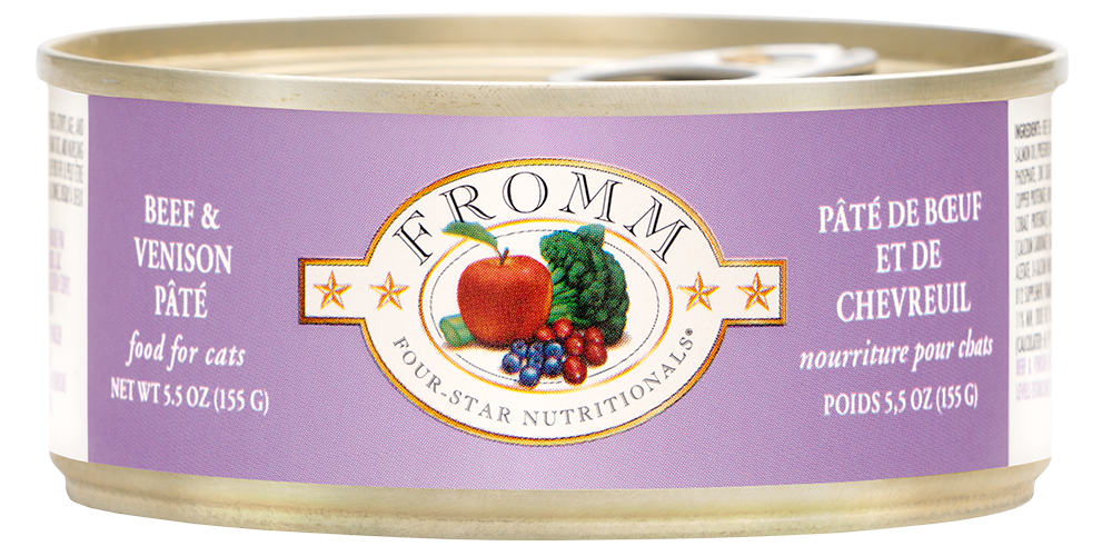 Fromm Four-Star Beef and Venison Pate wet cat food can, 5.5oz
