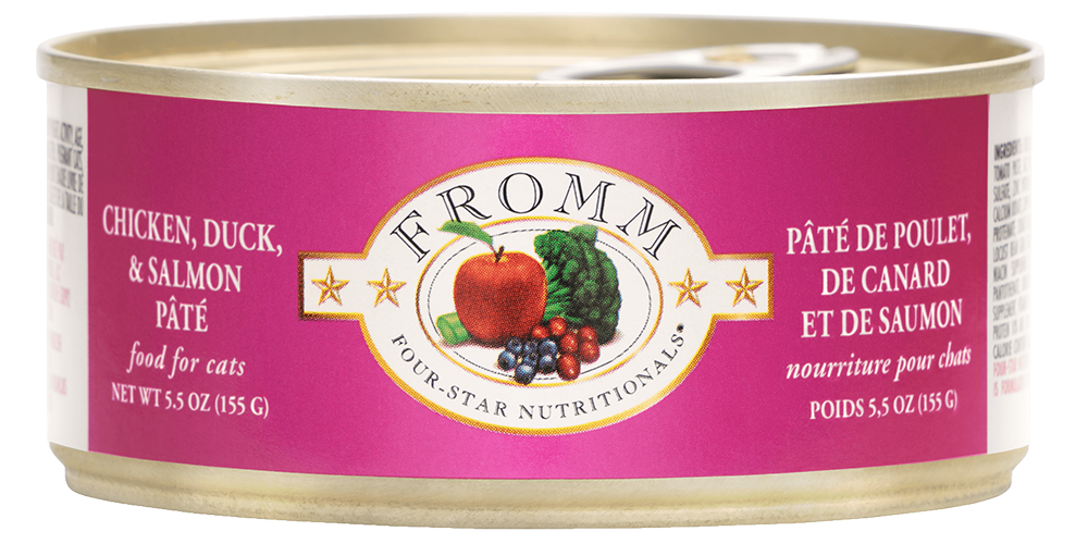 Fromm Four-Star Chicken, Duck and Salmon Pate cat food can, 5.5oz