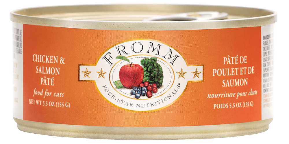 Fromm Four-Star Chicken and Salmon Pate wet cat food can, 5.5oz