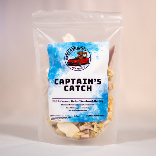Freeze-dried seafood medley dog and cat treats, mixed fish and shellfish