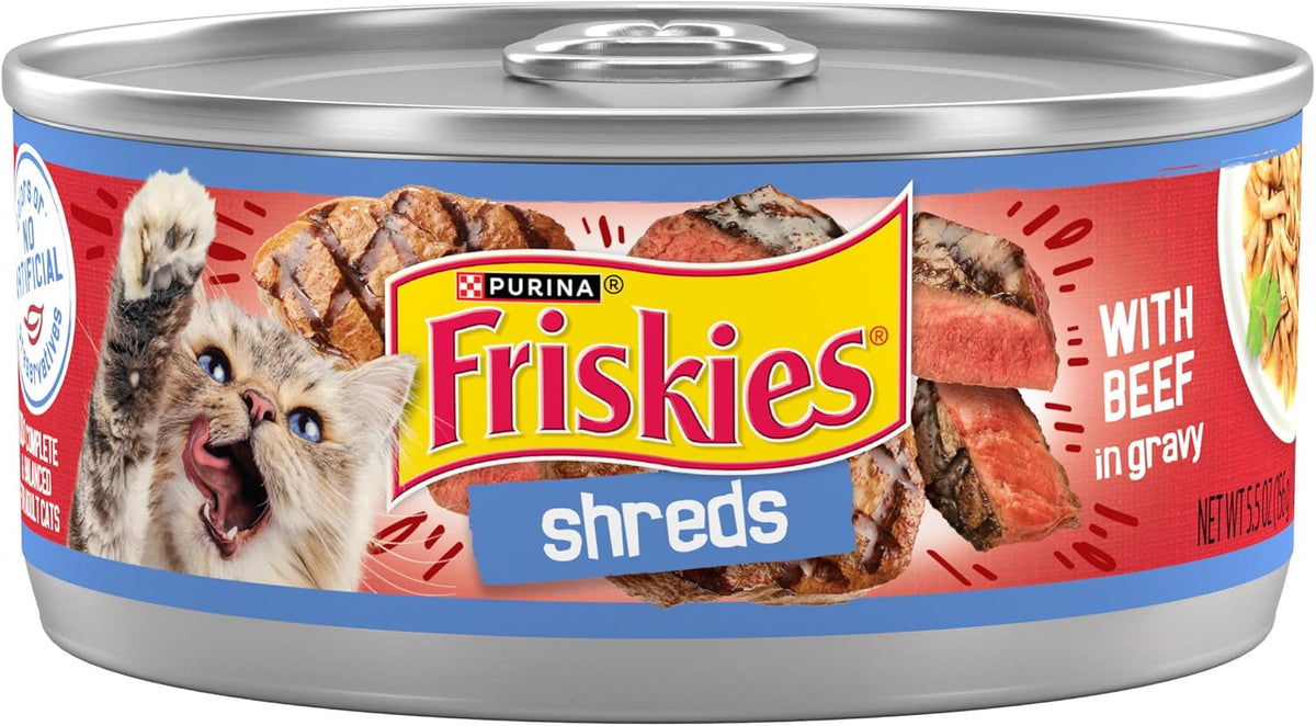 Friskies Shreds Beef in Gravy wet cat food can, 5.5oz