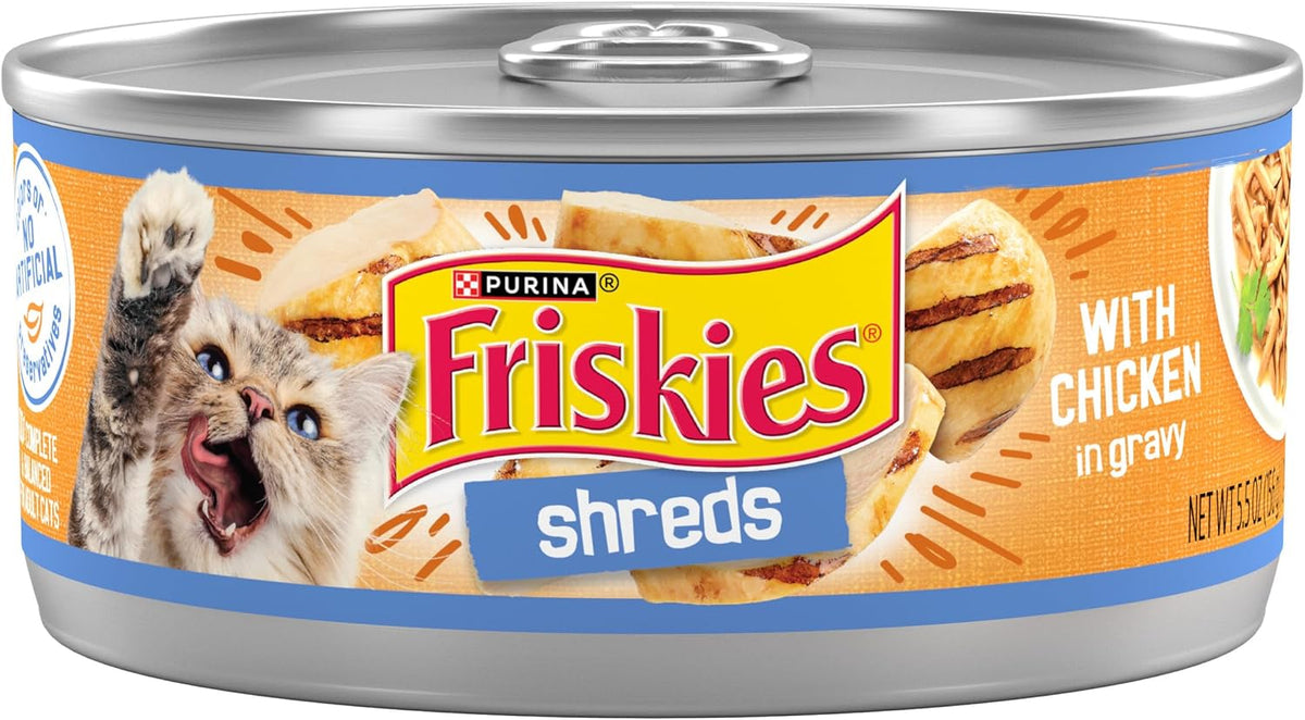 Can of Friskies Shreds Chicken in Gravy wet cat food, 5.5 ounce