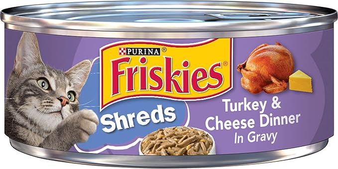 Friskies Shreds Turkey & Cheese in Gravy wet cat food can, 5.5oz