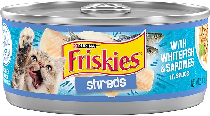 Friskies Shreds Whitefish & Sardines in Gravy wet cat food can, 5.5oz
