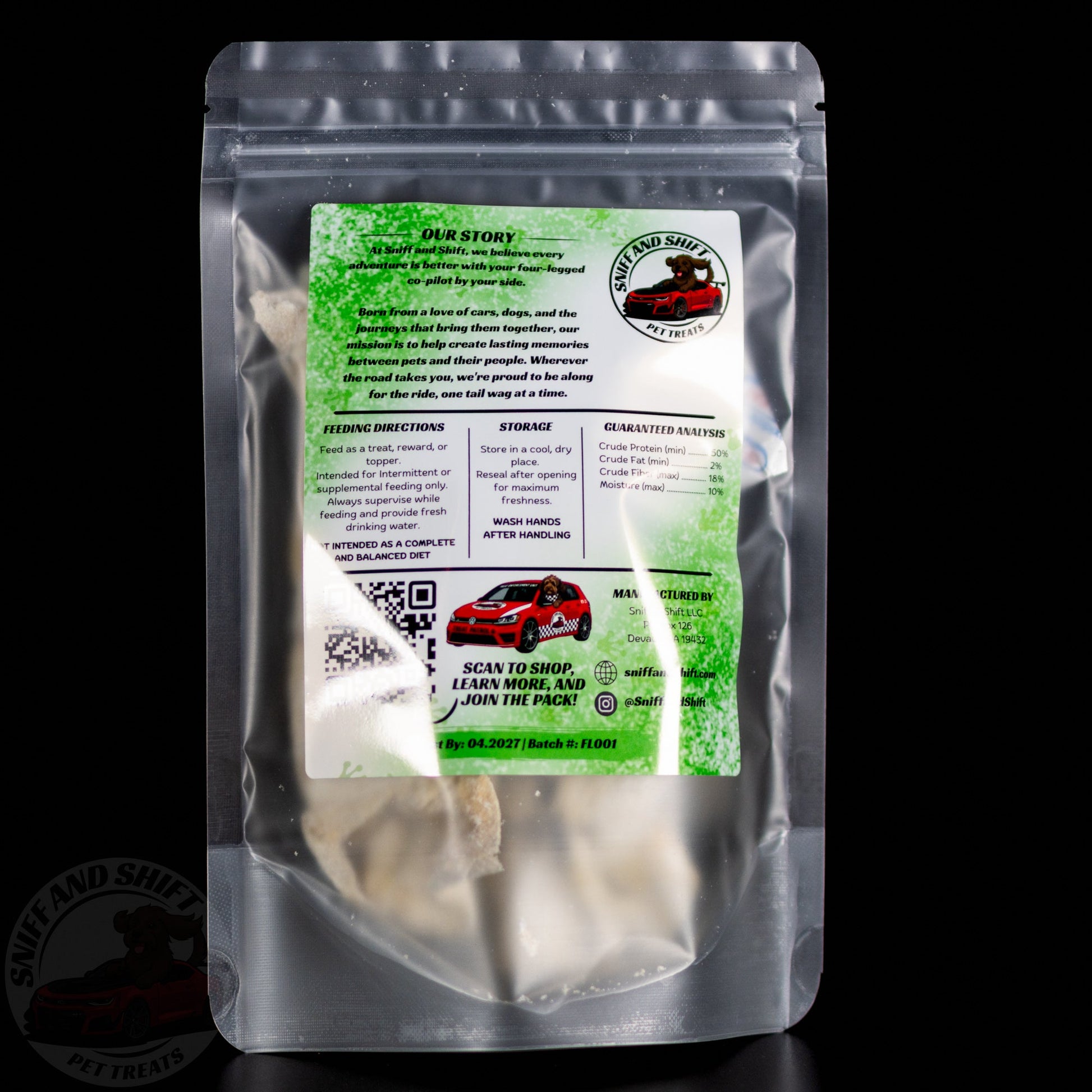Freeze-Dried Frog Legs — back of bag with ingredients, feeding directions and guaranteed analysis