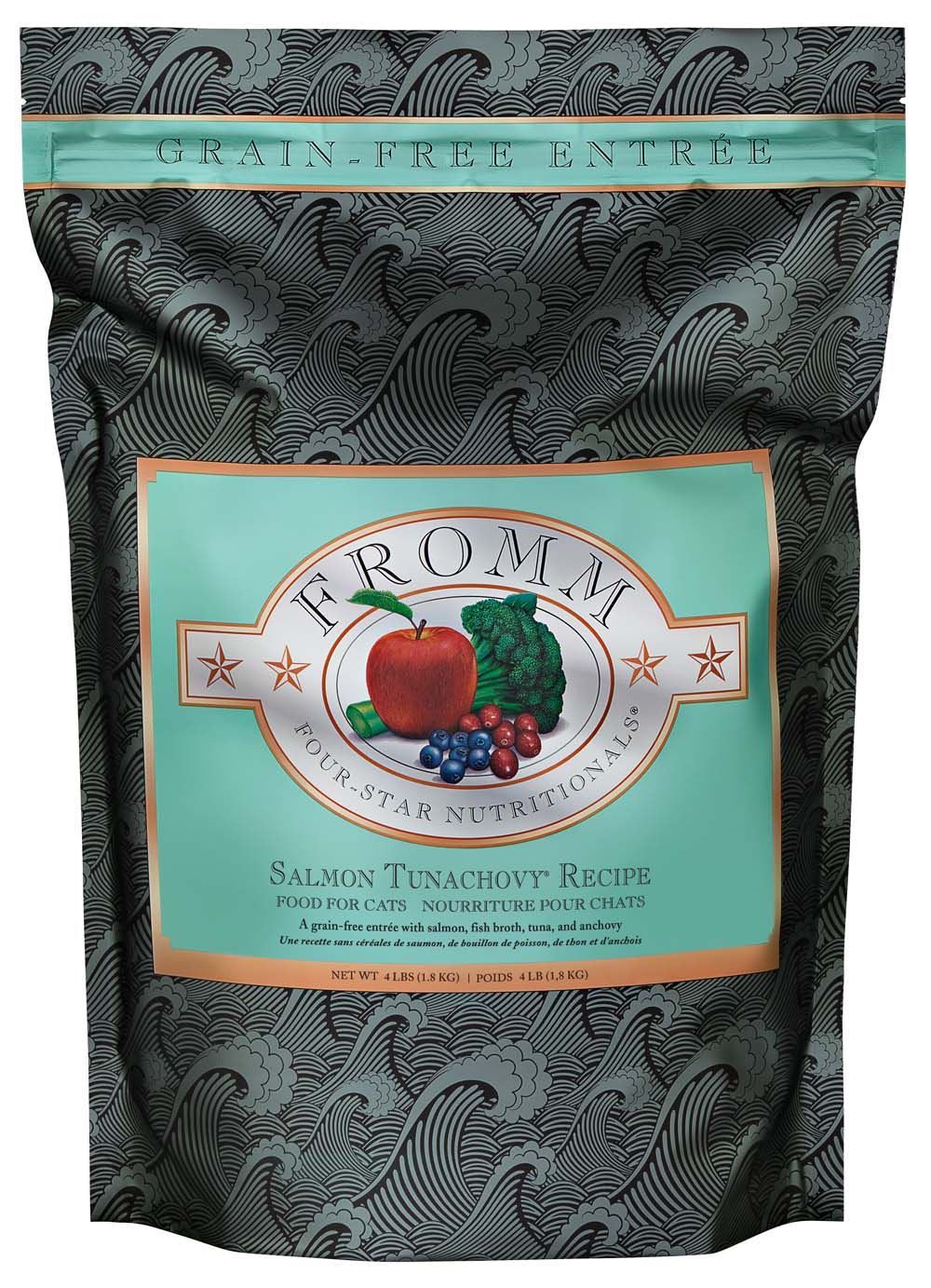 Fromm Four-Star Salmon Tunachovy grain-free dry cat food bag