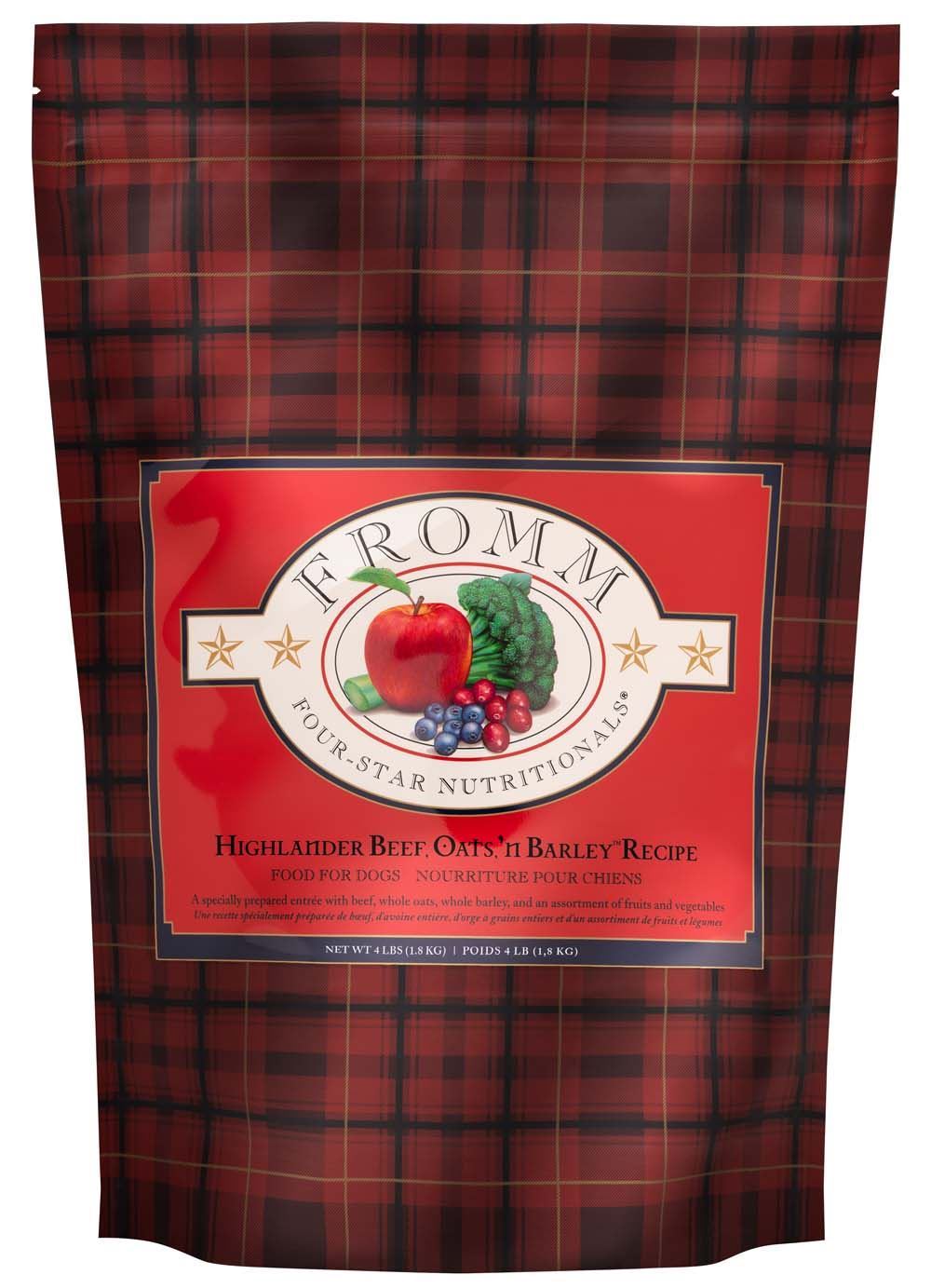 4lb, 12lb and 26lb bags of Fromm Four-Star Highlander Beef dry dog food