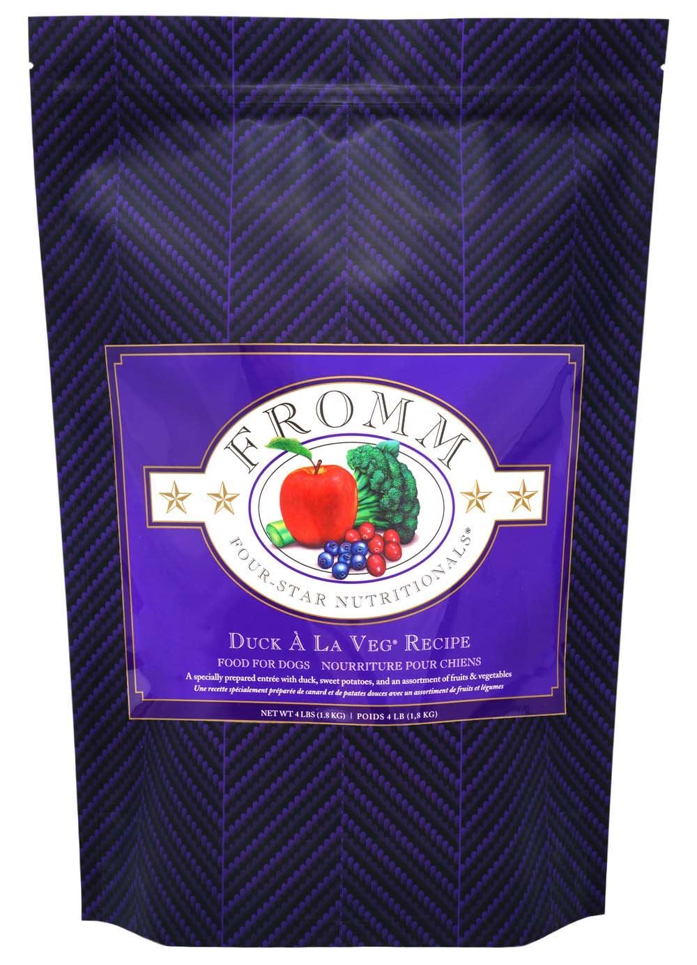 4lb, 12lb and 26lb bags of Fromm Four-Star Duck A La Veg dry dog food