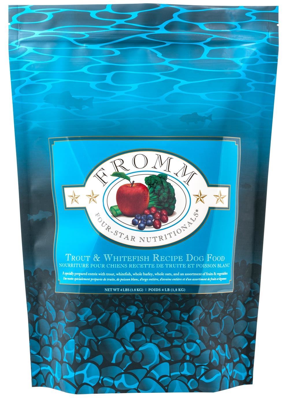 4lb and 12lb bags of Fromm Four-Star Trout & Whitefish dry dog food