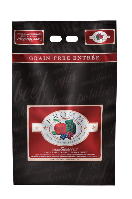 4lb, 12lb and 26lb bags of Fromm Four-Star Beef Frittata Veg grain free dry dog food