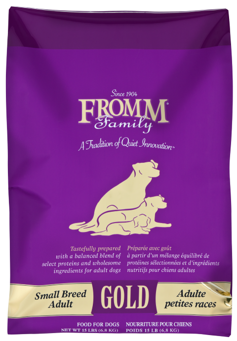 5lb and 15lb bags of Fromm Gold Adult Small Breed chicken dry dog food