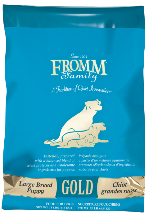 15lb and 30lb bags of Fromm Gold Large Breed Puppy Chicken dry dog food