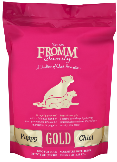 5lb, 15lb and 30lb bags of Fromm Gold Puppy chicken dry dog food