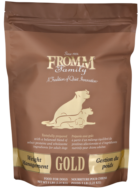 5lb, 15lb and 30lb bags of Fromm Gold Weight Management turkey dry dog food