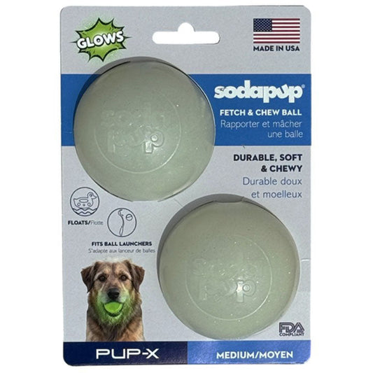 Two Glow in the Dark Glitter Ball rubber fetch toys with hollow centers, SodaPup, sold through Sniff and Shift