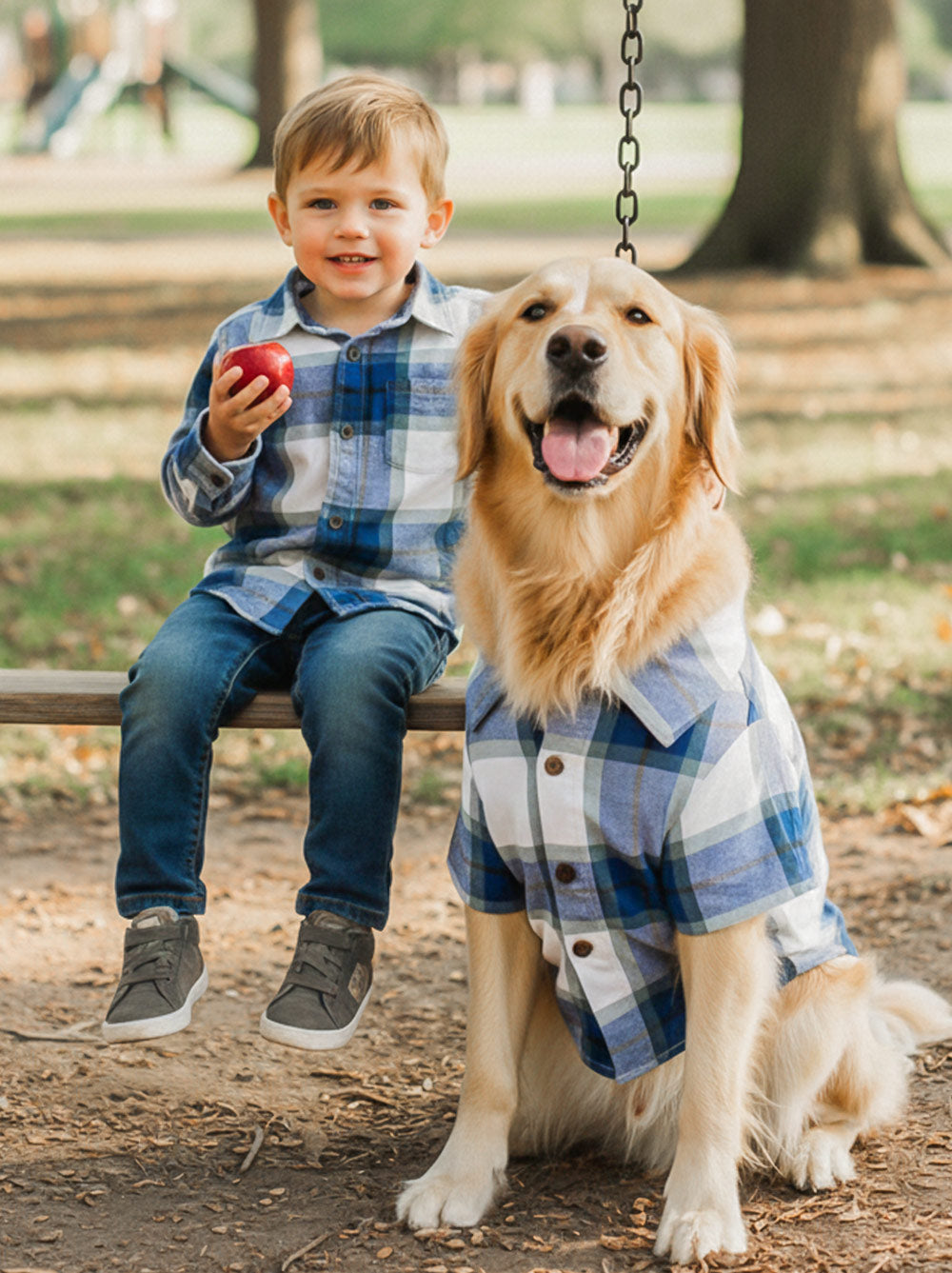 Dog and kid matching in the Big Sky Flannel cotton shirt, blue shades, Good Thomas, sold through Sniff and Shift