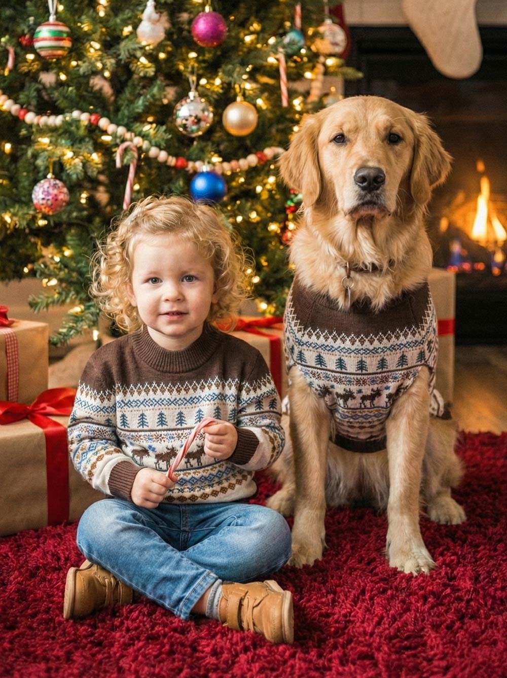 Dog and kid matching in the Caribou Sweater Nordic pattern knit, Good Thomas, sold through Sniff and Shift