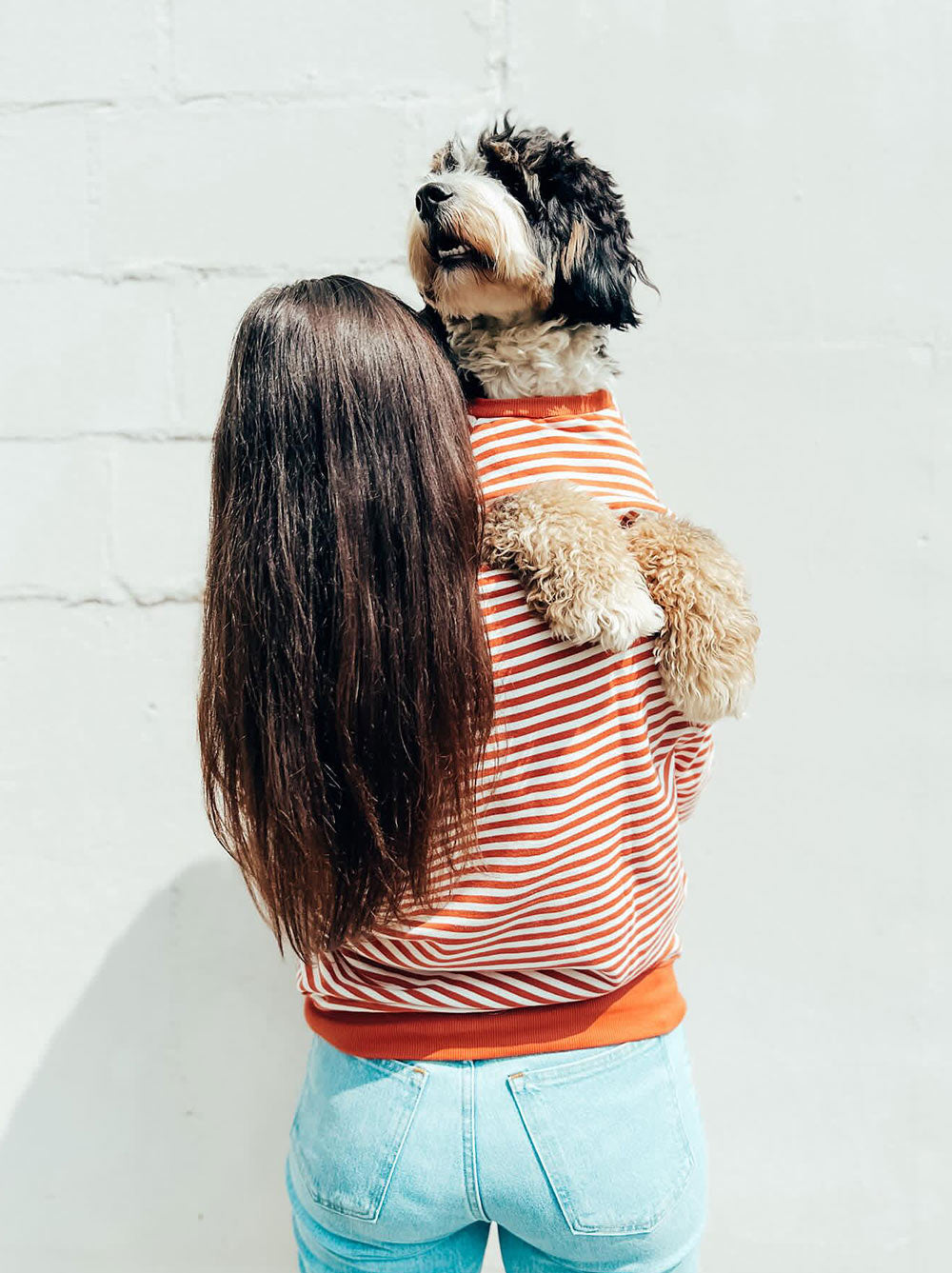 Dog and owner in matching striped Poppy Pullovers, Good Thomas, sold through Sniff and Shift