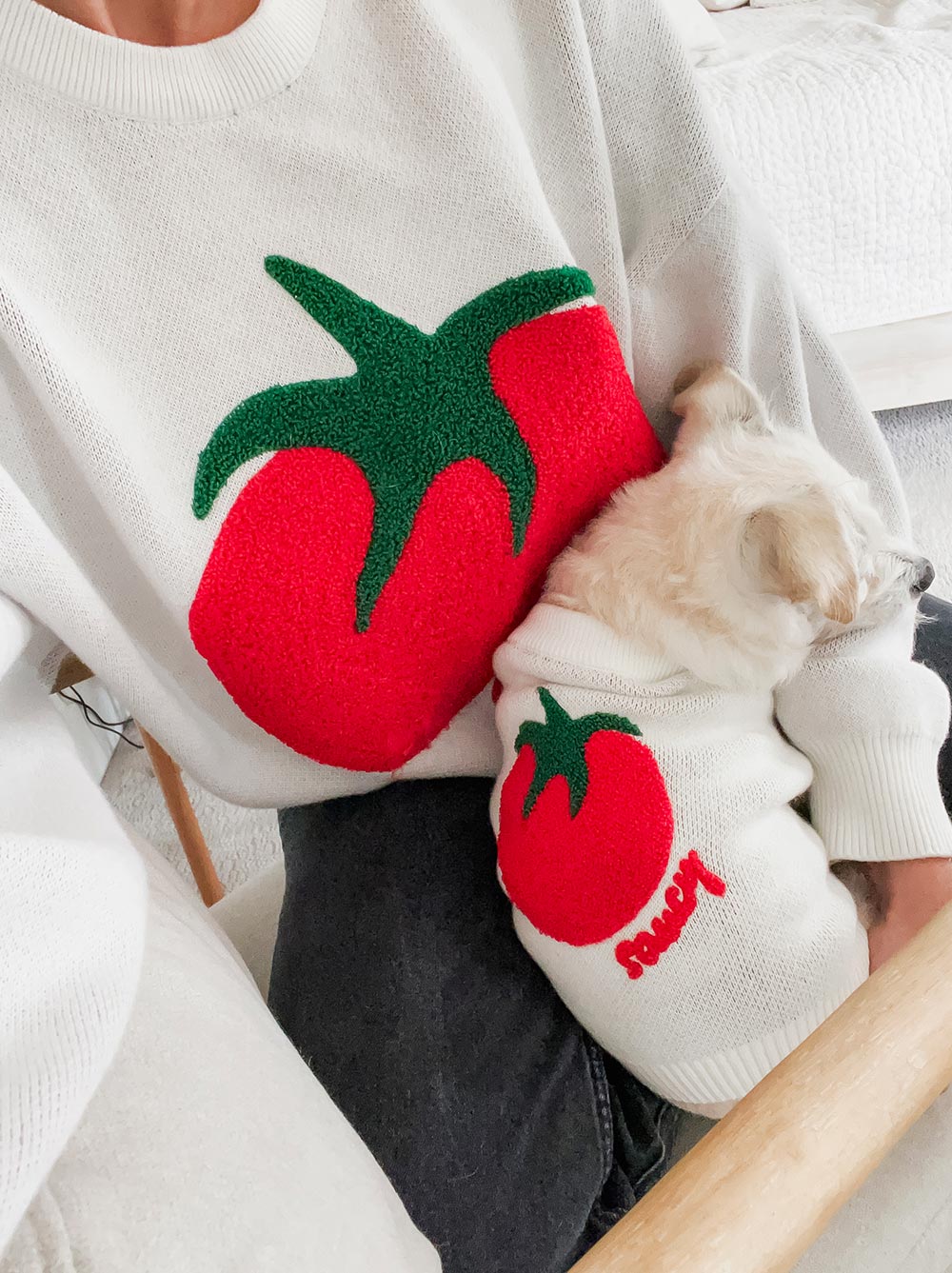 Dog and owner in matching Saucy Sweaters, Good Thomas, sold through Sniff and Shift