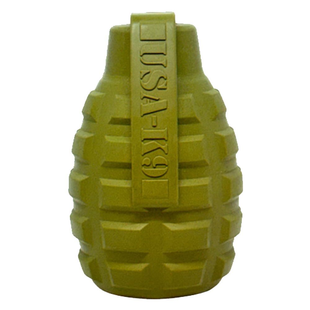 Army Green USA-K9 Grenade eDispenser rubber chew toy, Large size, SodaPup, sold through Sniff and Shift