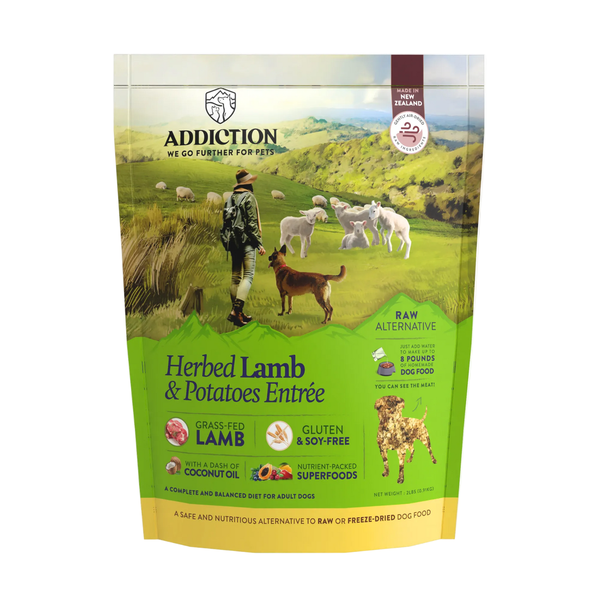 Herbed Lamb & Potatoes air-dried dog food package, Addiction Pet Foods USA, sold through Sniff and Shift