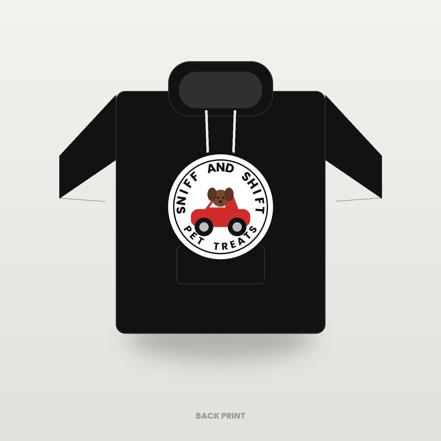 Sniff and Shift circle-logo hoodie in black, back print, flat lay