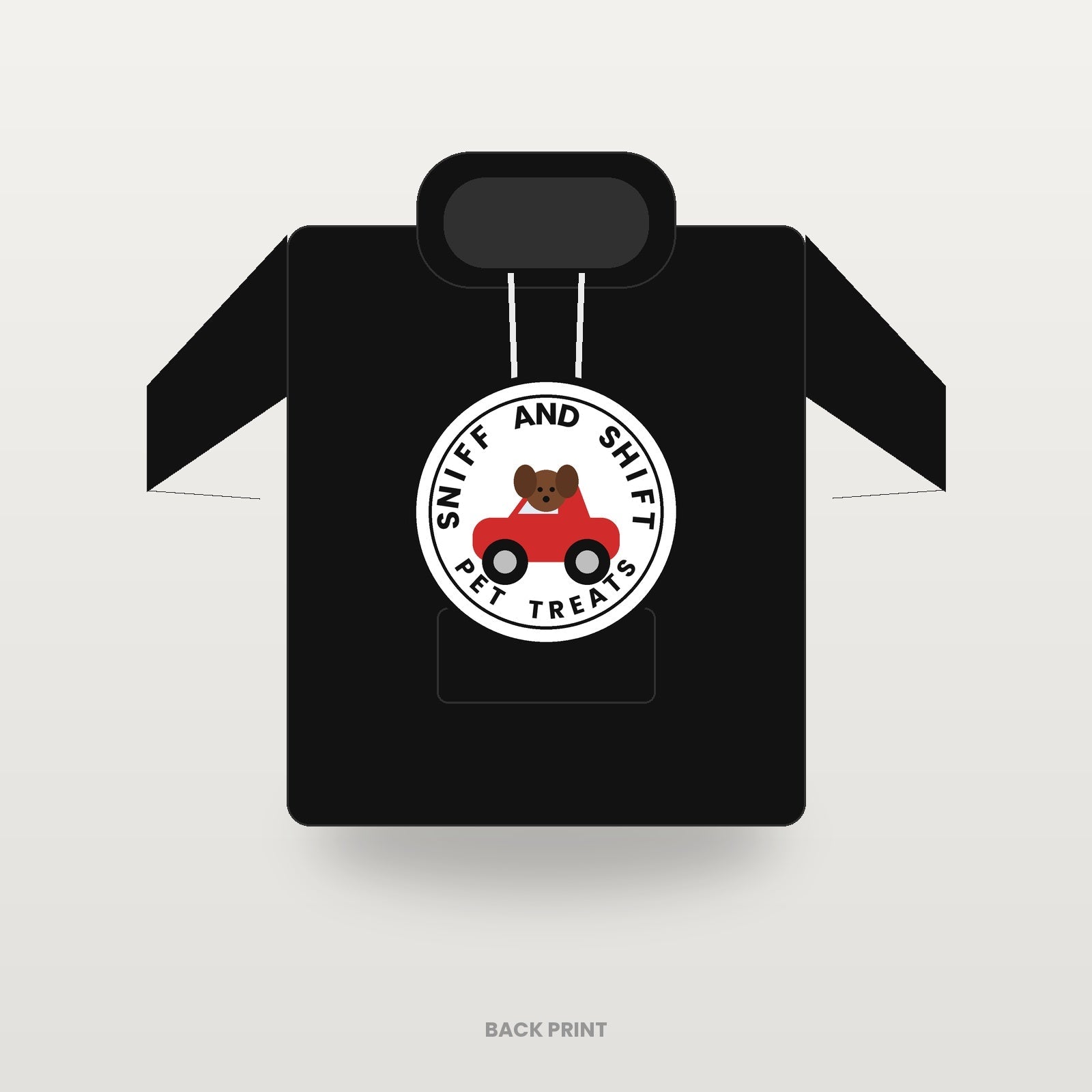 Sniff and Shift circle-logo hoodie in black, back print, flat lay