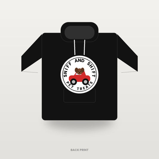 Sniff and Shift circle-logo hoodie in black, back print, flat lay