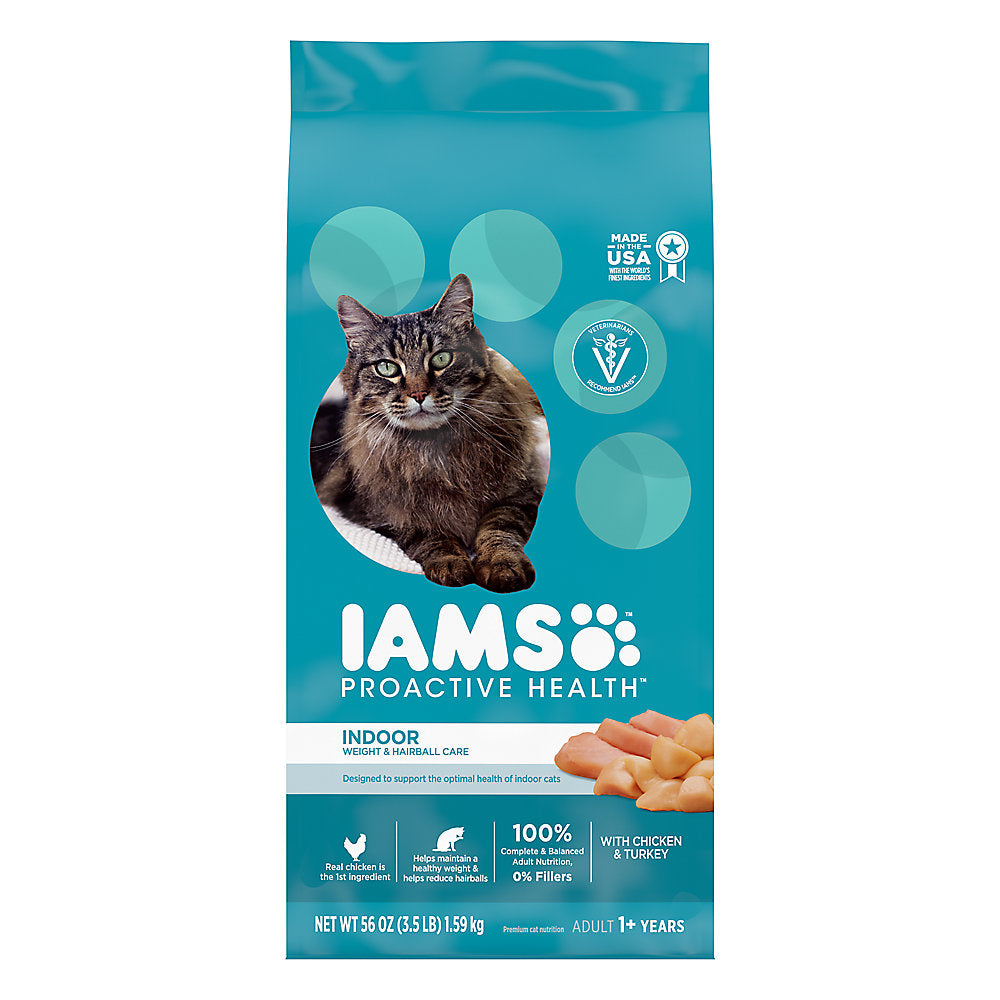 Iams Proactive Health Indoor Weight and Hairball Care dry cat food bag, 3.5 lb