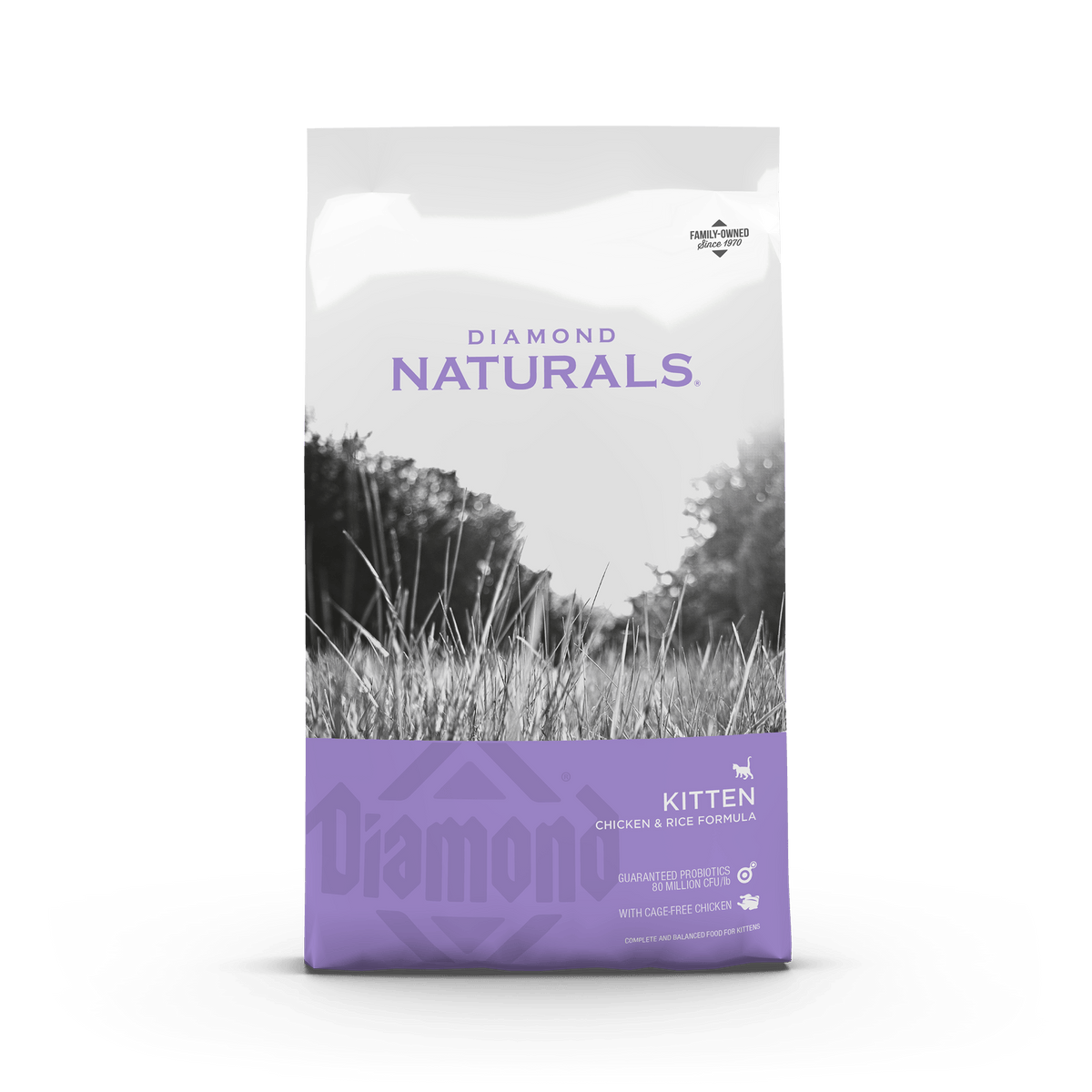 Bag of Diamond Naturals Kitten Chicken and Rice formula for kittens and nursing cats, 6lb size.