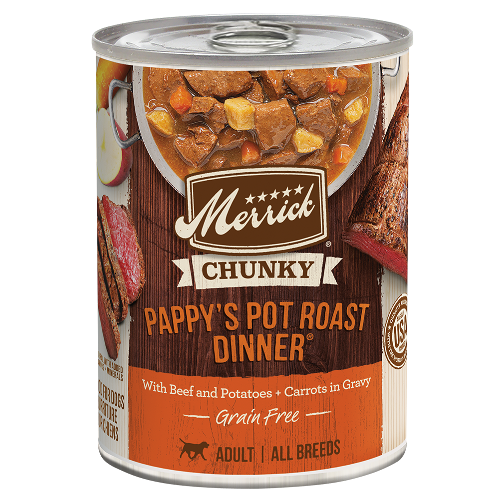 Can of Merrick Chunky Grain Free Pappy's Pot Roast wet dog food