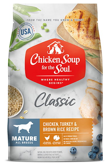 4.5, 16.2 and 28 lb bags of Chicken Soup Mature Chicken, Turkey and Brown Rice dry dog food
