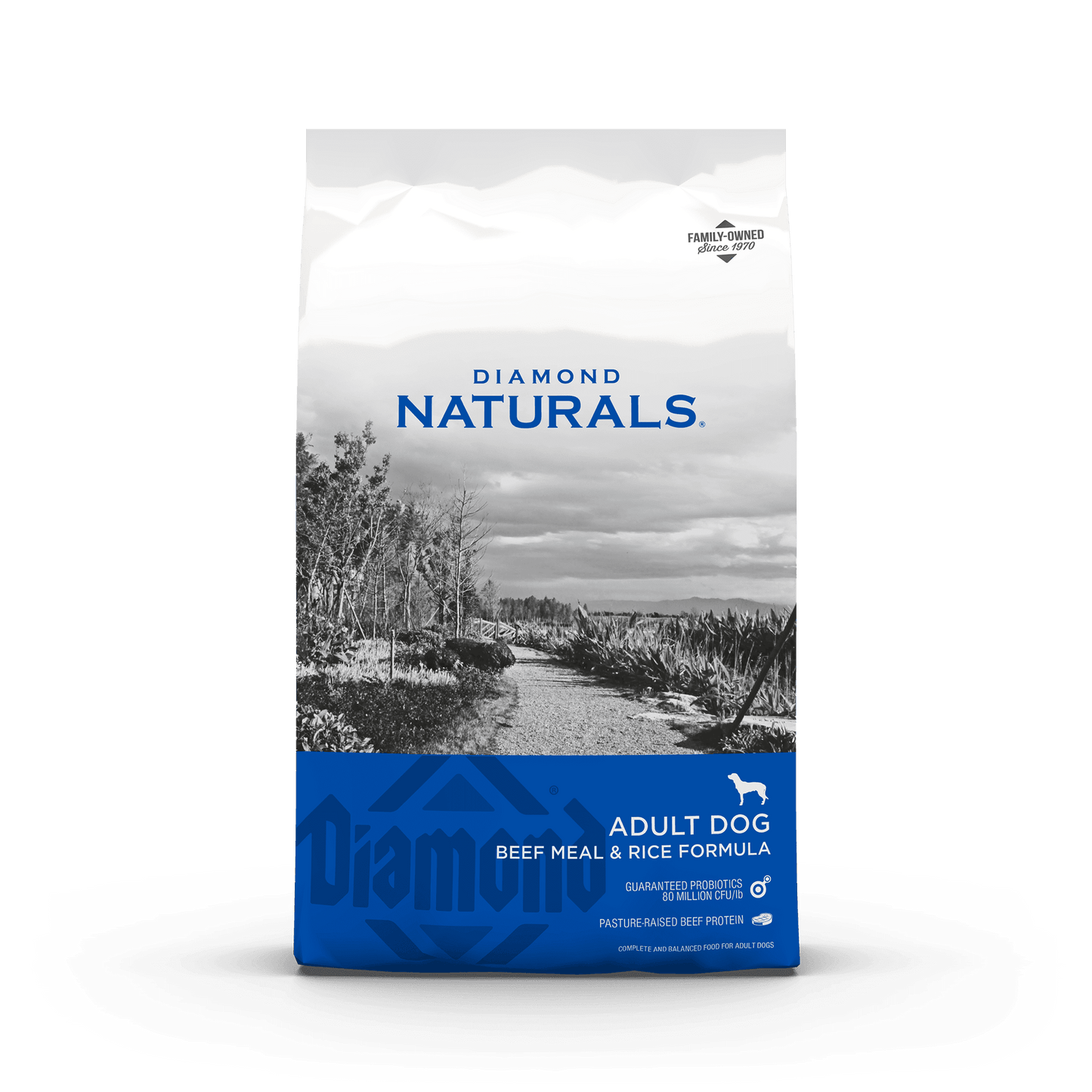 Bag of Diamond Naturals Adult Beef Meal & Rice dry dog food, 40lb size