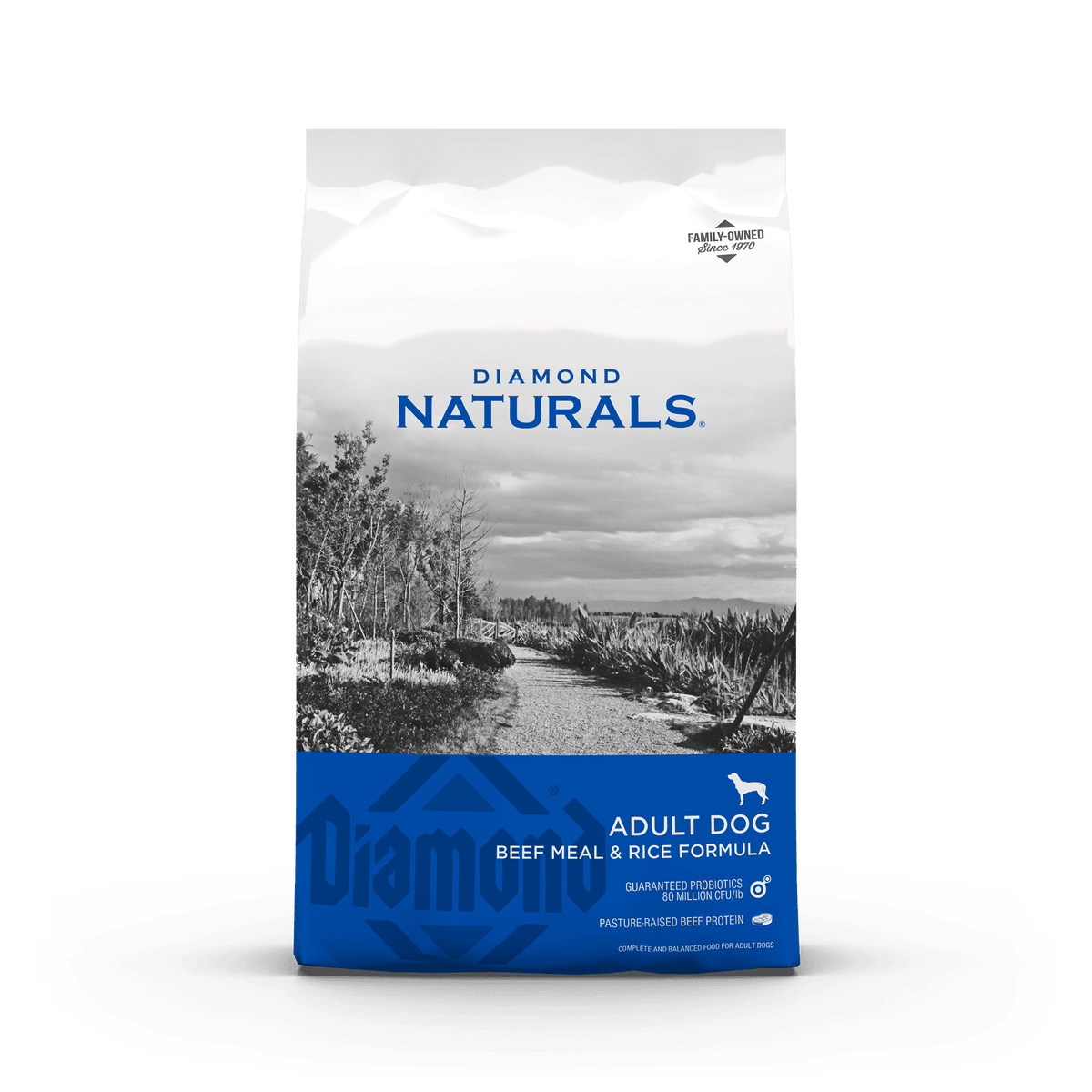 Bag of Diamond Naturals Adult Beef Meal & Rice dry dog food, 40lb size