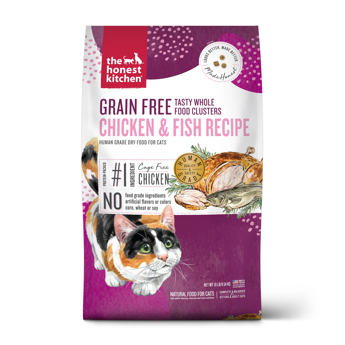 Bag of Honest Kitchen Grain Free Clusters Chicken and Whitefish dry cat food, 1lb size.