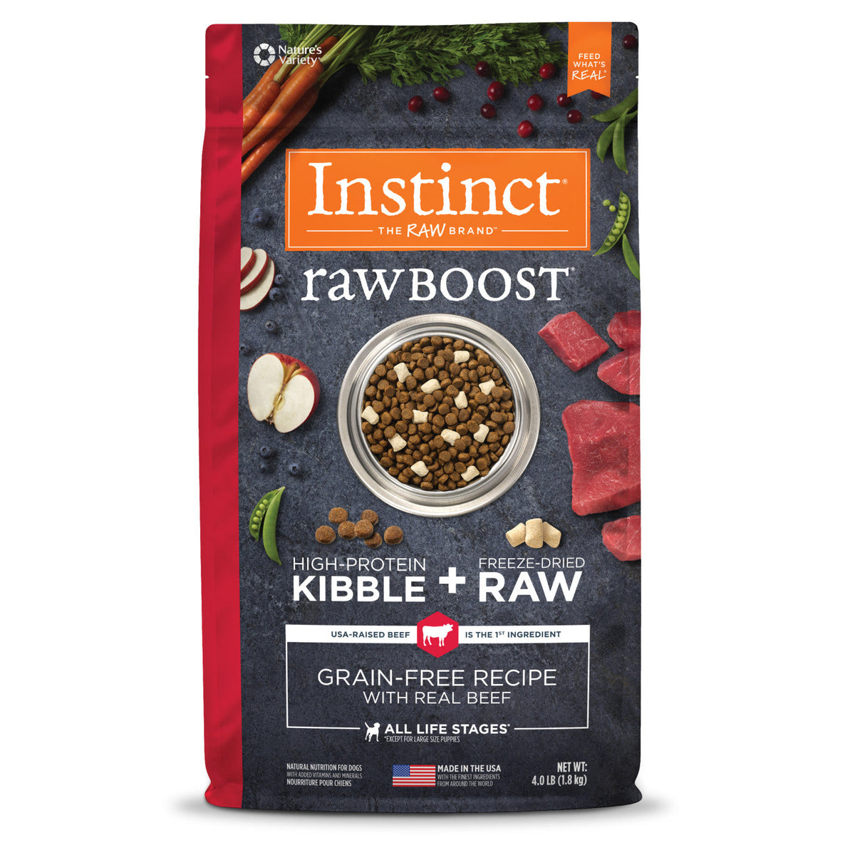 Bag of Instinct All Life Stages Raw Boost Grain Free Beef Dry Dog Food