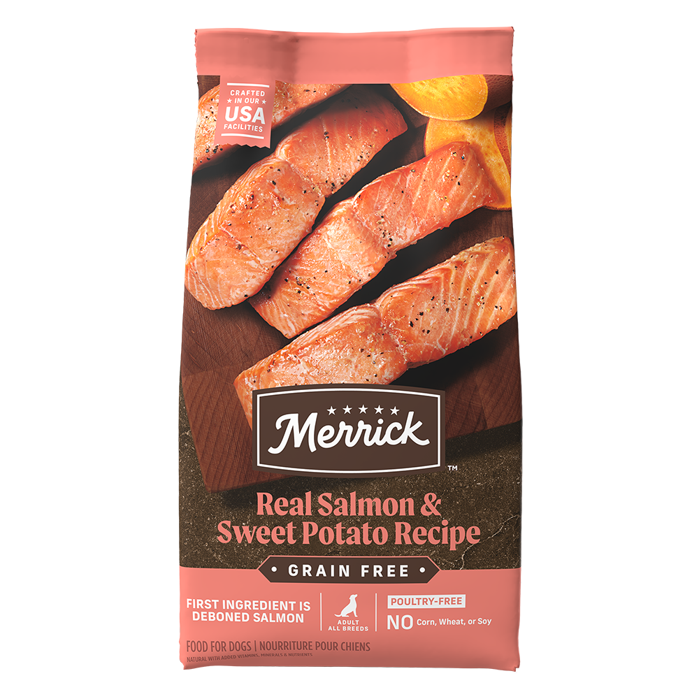 Bag of Merrick Grain Free Salmon and Sweet Potato dry dog food