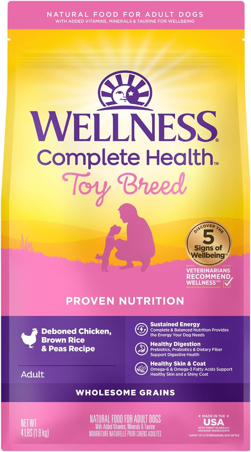 4lb bag of Wellness Complete Health Toy Breed Chicken, Brown Rice and Peas dry dog food